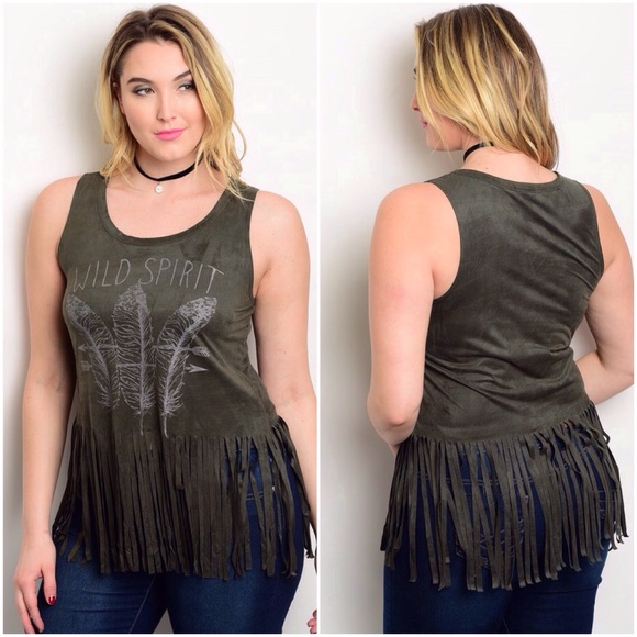 S Rosebud Tops - 🇺🇸Plus Olive Green Fringe "Wild Spirit" Tank